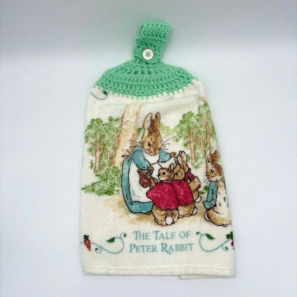 Vintage Peter Rabbit Crochet Hanging Kitchen Towel Cottagecore Storybook Decor